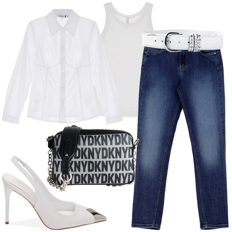 Outfit donna - Jeans style. Stile Urban per Tutti i giorni. Abbinamento con cinture, borse a tracolla, jeans skinny, camicie, top, décolleté.