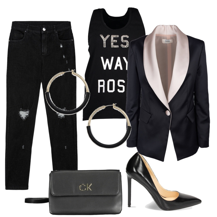 Outfit donna - Donna Rock e Glamour. Stile Glamour per Serata fuori. Abbinamento con blazer, jeans skinny, décolleté, orecchini, canottiere, borse a tracolla.