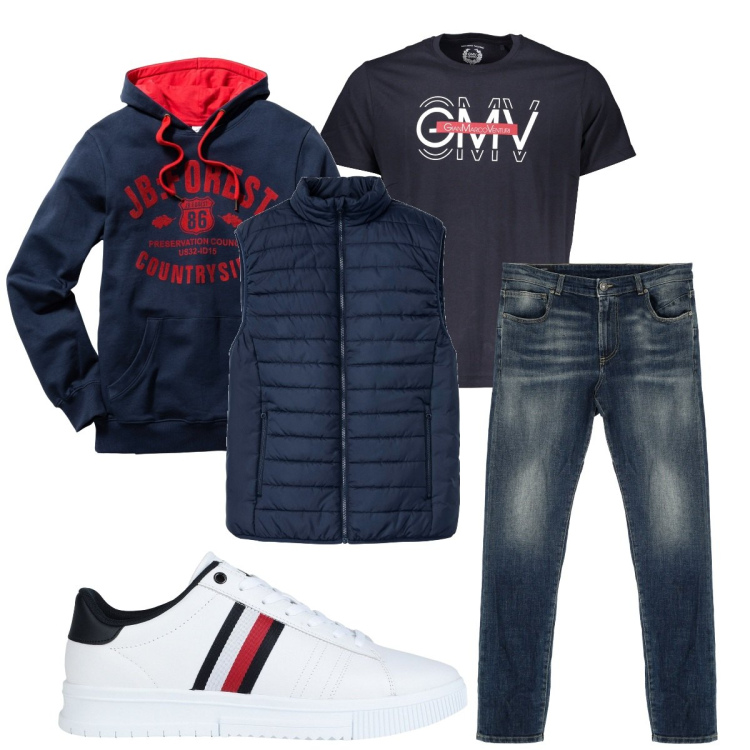 Outfit uomo - Aria di Primavera. Stile Casual per Tutti i giorni. Abbinamento con felpe con cappuccio, gilet, sneakers, jeans, t-shirt.