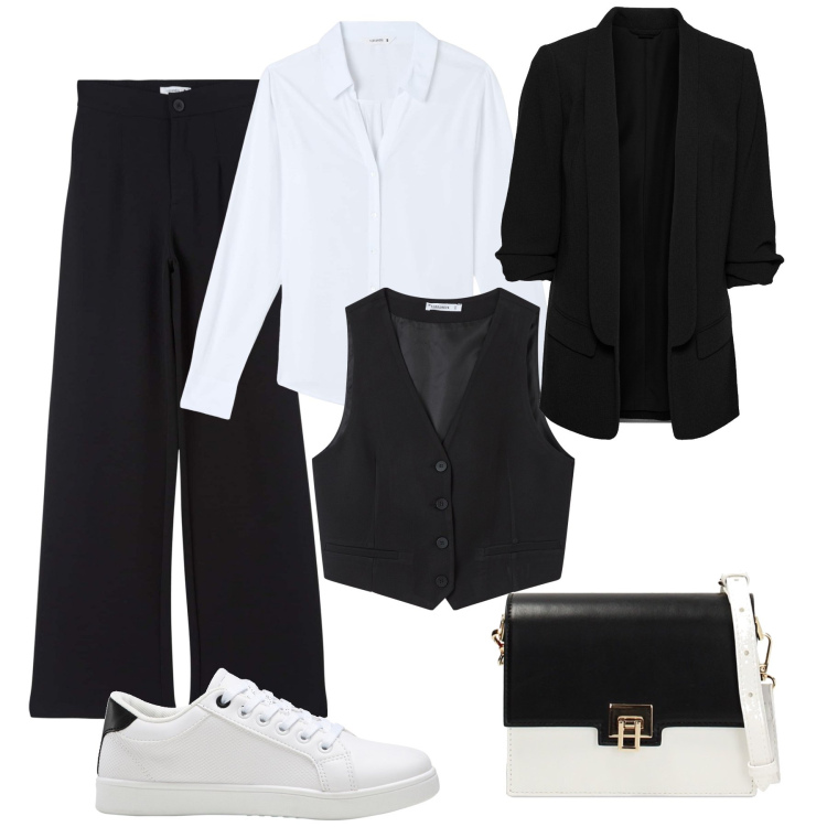 Outfit donna - Ufficio con le sneakers. Stile Casual chic per Ufficio. Abbinamento con blazer, sneakers, pantaloni, gilet, camicie, borse a tracolla.