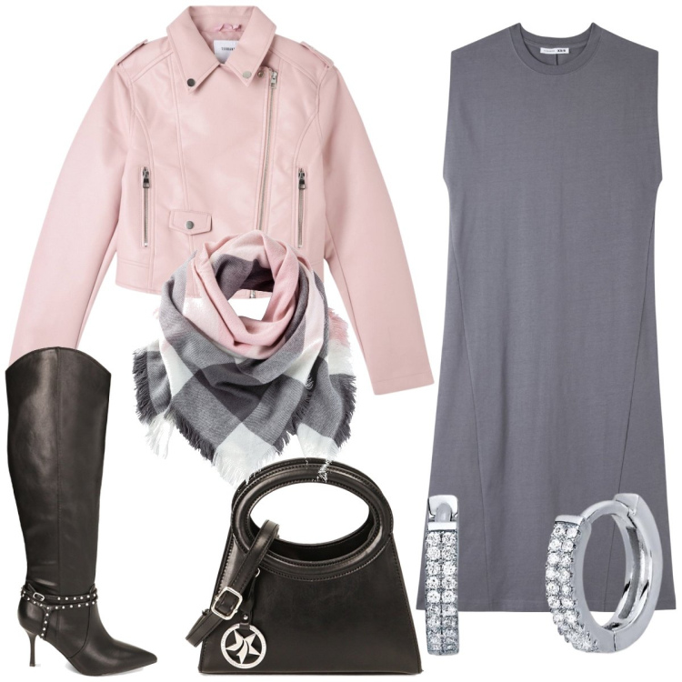 Outfit donna - Simply. Stile Minimal per Tutti i giorni. Abbinamento con foulard, vestiti senza maniche, giacche, orecchini, borse a spalla, stivali sopra il ginocchio.