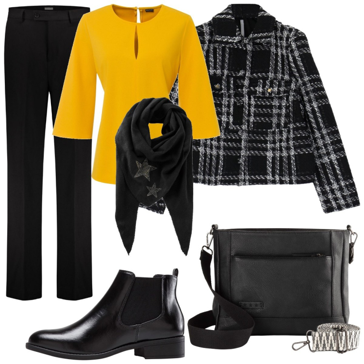 Outfit donna - In ufficio con la blusa gialla. Stile Casual per Tutti i giorni. Abbinamento con foulard, stivaletti chelsea, borse a tracolla, bluse, blazer, pantaloni.