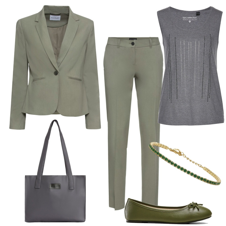Outfit donna - Ufficio senza tacchi. Stile Glamour per Ufficio. Abbinamento con pantaloni, blazer, top, ballerine, braccialetti, shopping bag.