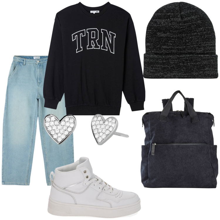 Outfit donna - Total look #1829066. Stile Casual per Scuola/Università. Abbinamento con zaini, jeans, cappelli con visiera, felpe, orecchini, sneakers alte.