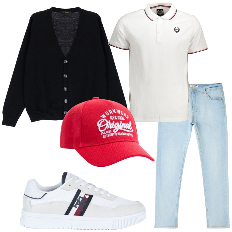 Outfit uomo - Total look #1829068. Stile Casual per Tutti i giorni. Abbinamento con sneakers, jeans skinny, cappelli, maglieria, polo.