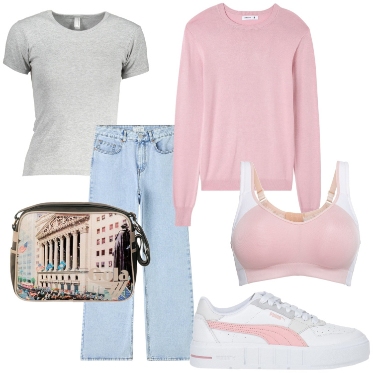 Outfit donna - Voglia di passeggiare. Stile Urban per Tutti i giorni. Abbinamento con reggiseni, sneakers, jeans, maglieria, borse a spalla, t-shirt.