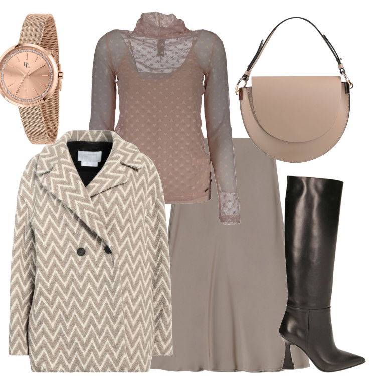 Outfit donna - City. Stile Glamour per Tutti i giorni. Abbinamento con caban, orologi, borse a mano, gonne longuette, stivali, maglieria.