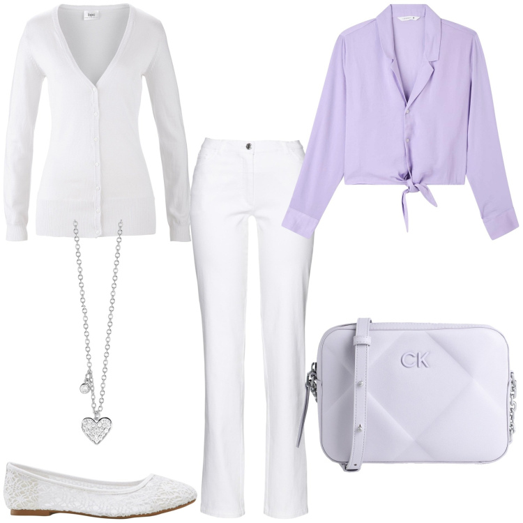 Outfit donna - Bon ton lilla e bianco. Stile Bon Ton per Tutti i giorni. Abbinamento con ballerine, pantaloni, cardigans, borse a tracolla, camicie, collane.