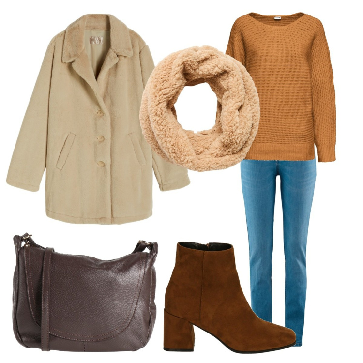 Outfit donna - Tempo Libero. Stile Urban per Tutti i giorni. Abbinamento con jeans skinny, maglieria, borse a tracolla, sciarpe, cappotti, stivaletti.