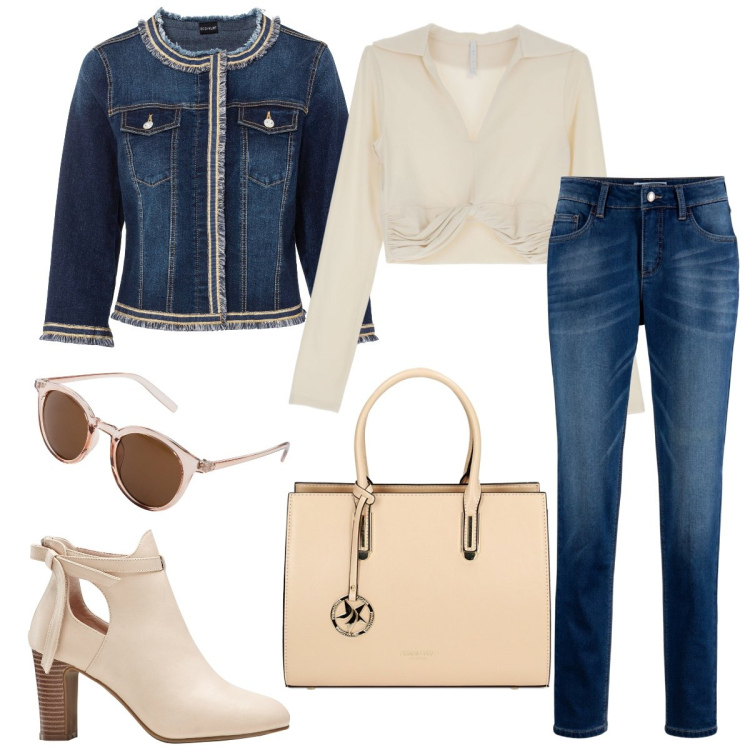 Outfit donna - Denim. Stile Casual chic per Tutti i giorni. Abbinamento con blazer, jeans boyfriend, stivaletti, occhiali da sole, maglieria, borse a mano.