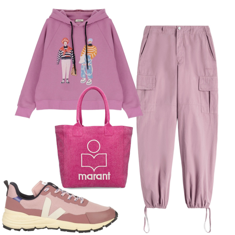 Outfit donna - City. Stile Urban per Tutti i giorni. Abbinamento con sneakers, pantaloni cargo, felpe con cappuccio, shopping bag.
