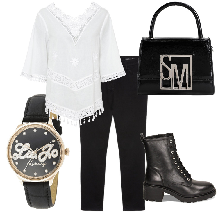 Outfit donna - Liu jo time. Stile Casual per Tutti i giorni. Abbinamento con tuniche, orologi, borse a mano, anfibi, jeans skinny.
