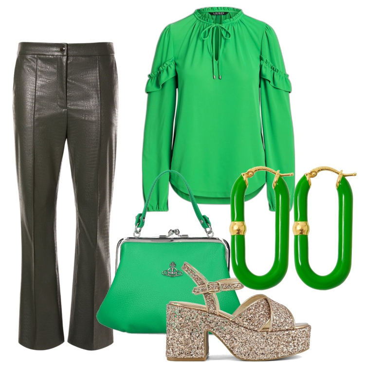 Outfit donna - Vivienne. Stile Chic per Serata fuori. Abbinamento con top, sandali, pantaloni, orecchini, borse a mano.
