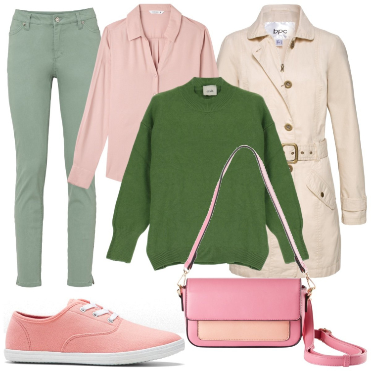 Outfit donna - In trench con verde e rosa. Stile Casual per Tutti i giorni. Abbinamento con jeans skinny, trench, sneakers, borse a mano, camicie, pullovers.