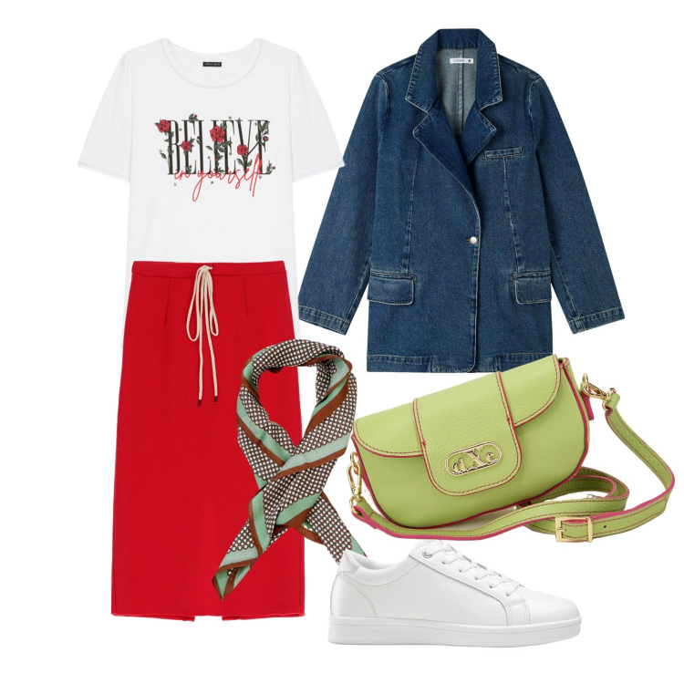 Outfit donna - Ghost outfitter - marzo. Stile Casual chic per Tutti i giorni. Abbinamento con sneakers, blazer, foulard, gonne longuette, pochette, t-shirt.