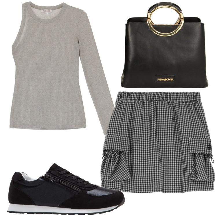 Outfit donna - Total look #1829268. Stile Trendy per Tutti i giorni. Abbinamento con sneakers, maglieria, minigonne, borse a mano.