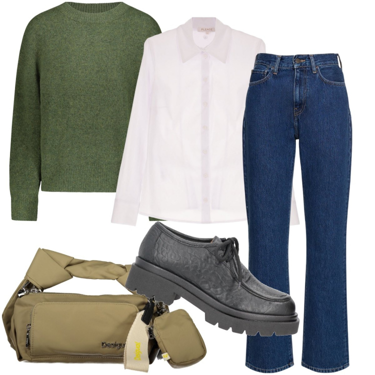 Outfit donna - Giorni di pioggia. Stile Casual per Tutti i giorni. Abbinamento con scarpe stringate, camicie, borse a spalla, maglieria, jeans dritti.