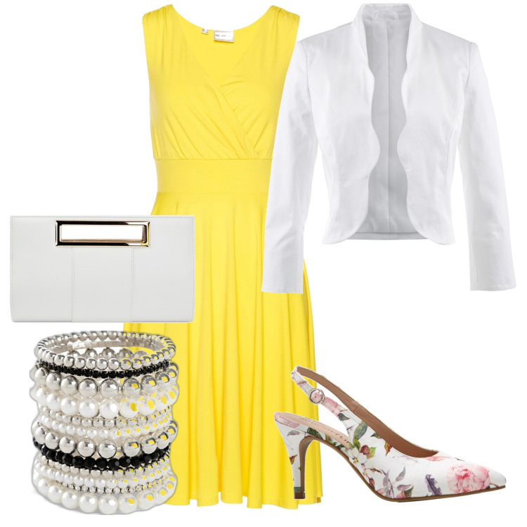 Outfit donna - Battesimo a giugno. Stile Bon Ton per Cerimonia. Abbinamento con blazer, braccialetti, vestiti, décolleté, pochette.