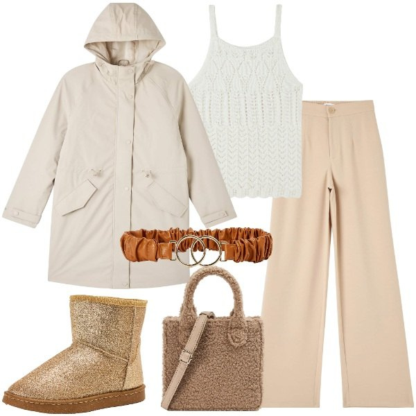 Outfit donna - Pioggia primaverile. Stile Basic per Tutti i giorni. Abbinamento con pantaloni, cappotti, top, shopping bag, cinture, stivali.