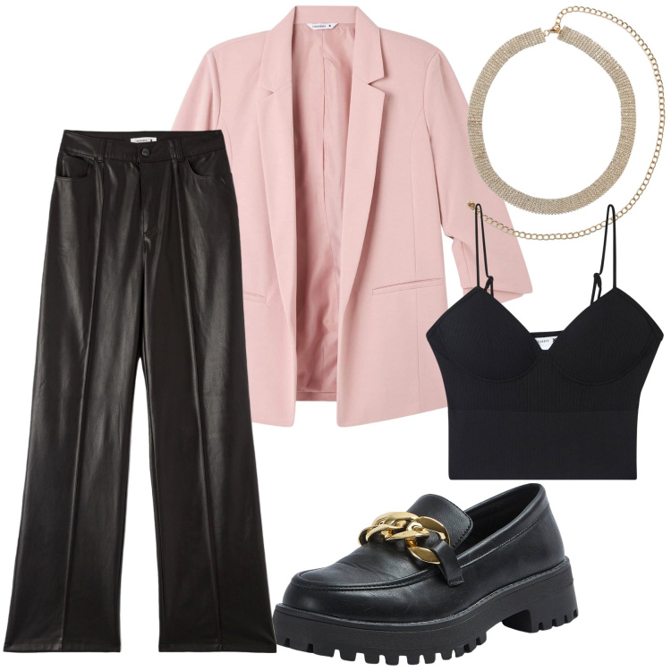 Outfit donna - Wow teenager. Stile Casual chic per Tutti i giorni. Abbinamento con top, pantaloni, blazer, mocassini, collane.