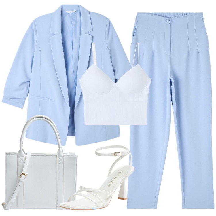 Outfit donna - Azzurro e bianco. Stile Chic per Cerimonia. Abbinamento con pantaloni chino, top, blazer, shopping bag, sandali col tacco.