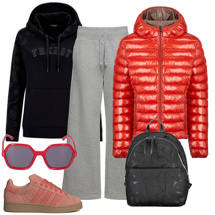 Outfit donna - Monday. Stile Basic per Tutti i giorni. Abbinamento con felpe con cappuccio, blazer, occhiali da sole, pantaloni, sneakers, zaini.