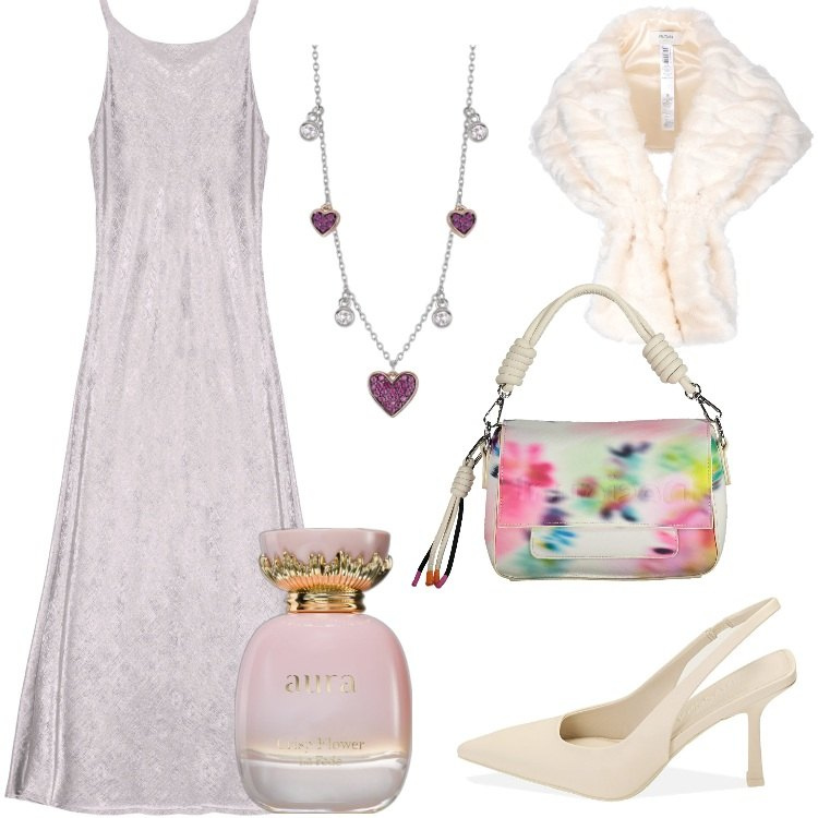 Outfit donna - One Love - Marzo. Stile Trendy per Cerimonia. Abbinamento con profumi, collane, stole, décolleté, vestiti lunghi, borse a spalla.
