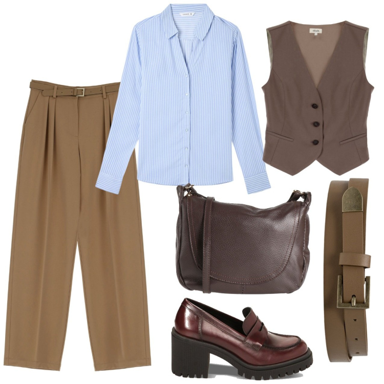 Outfit donna - Ufficio. Stile Bon Ton per Ufficio. Abbinamento con borse a tracolla, camicie, pantaloni a palazzo, gilet, mocassini, cinture.