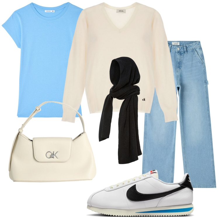 Outfit donna - Una giornata normale. Stile Casual per Tutti i giorni. Abbinamento con sciarpe, borse a mano, t-shirt, jeans, pullovers, sneakers.