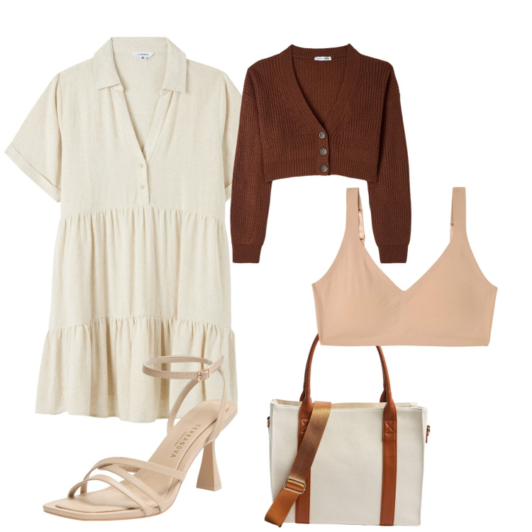 Outfit donna - Per chi ha già caldo. Stile Casual chic per Ufficio. Abbinamento con vestiti chemisier, cardigans, reggiseni a balconcino, shopping bag, sandali col tacco.
