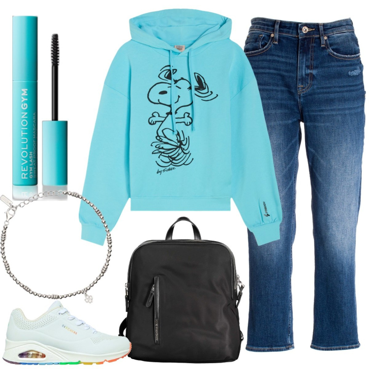 Outfit donna - Donne anche senza tacchi e gonna. Stile Basic per Tutti i giorni. Abbinamento con mascara, braccialetti con ciondoli, jeans, felpe con cappuccio, zaini, sneakers.