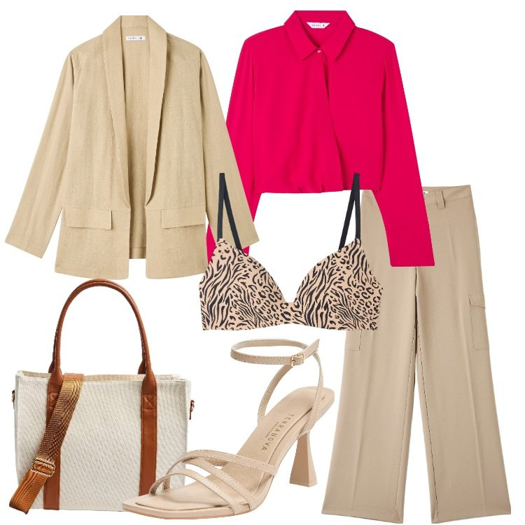 Outfit donna - Libera la creatività!. Stile Trendy per Serata fuori. Abbinamento con bluse, reggiseni, pantaloni cargo, blazer, shopping bag, sandali col tacco.
