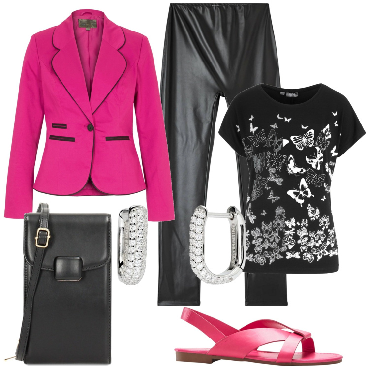 Outfit donna - Al lavoro. Stile Chic per Ufficio. Abbinamento con t-shirt, sandali, blazer, treggings, orecchini, zaini.