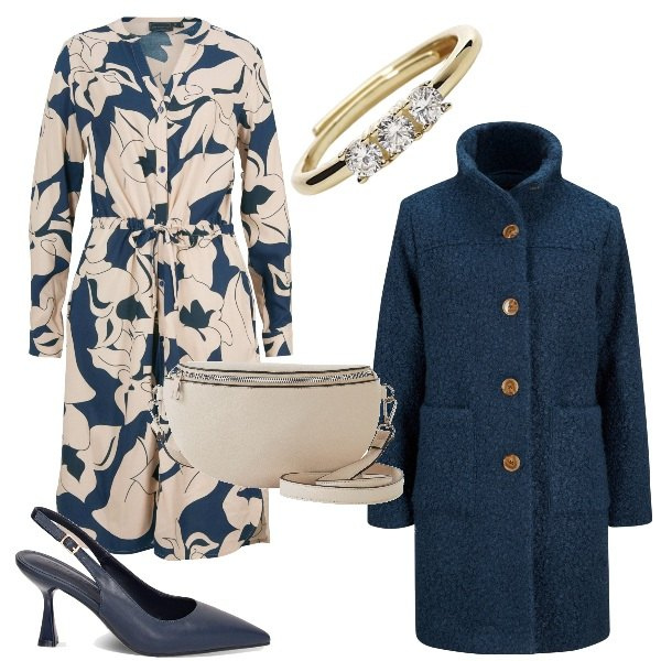 Outfit donna - Cerimonia in blu inizio marzo. Stile Bon Ton per Cerimonia. Abbinamento con cappotti, marsupi, vestiti chemisier, anelli, décolleté.