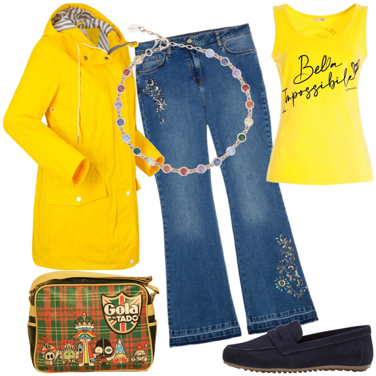 Outfit donna - Giornata uggiosa. Stile Casual per Tutti i giorni. Abbinamento con mocassini, blazer, braccialetti, canottiere, jeans, borse a spalla.