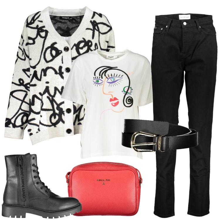Outfit donna - Astratta. Stile Casual per Tutti i giorni. Abbinamento con t-shirt, cardigans, jeans mom, cinture, borse a tracolla, stivali.