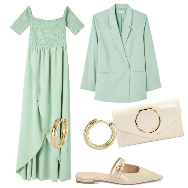 Outfit donna - Verde chiaro da cerimonia. Stile Bon Ton per Cerimonia. Abbinamento con vestiti lunghi, blazer, orecchini, sabot, pochette.