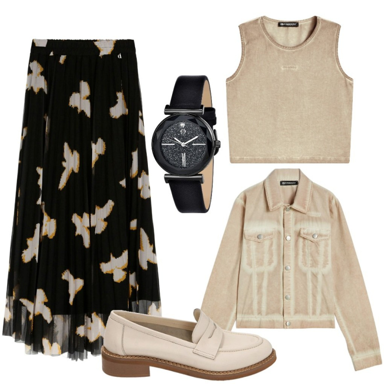 Outfit donna - Serenella: commessa da Nadia. Stile Casual chic per Tutti i giorni. Abbinamento con orologi, top, blazer, gonne longuette, mocassini.