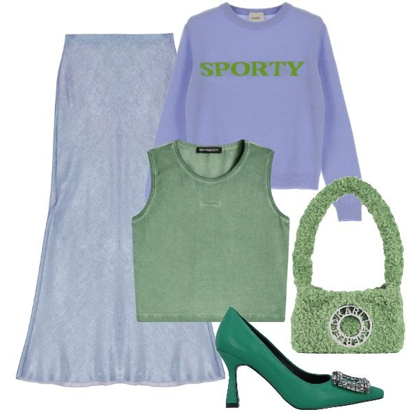 Outfit donna - Total look #1829492. Stile Trendy per Tutti i giorni. Abbinamento con décolleté, borse a spalla, top, gonne lunghe, pullovers.