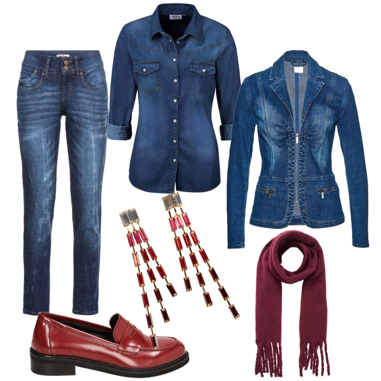 Outfit donna - Total denim. Stile Basic per Tutti i giorni. Abbinamento con camicie, orecchini, blazer, jeans mom, sciarpe, mocassini.