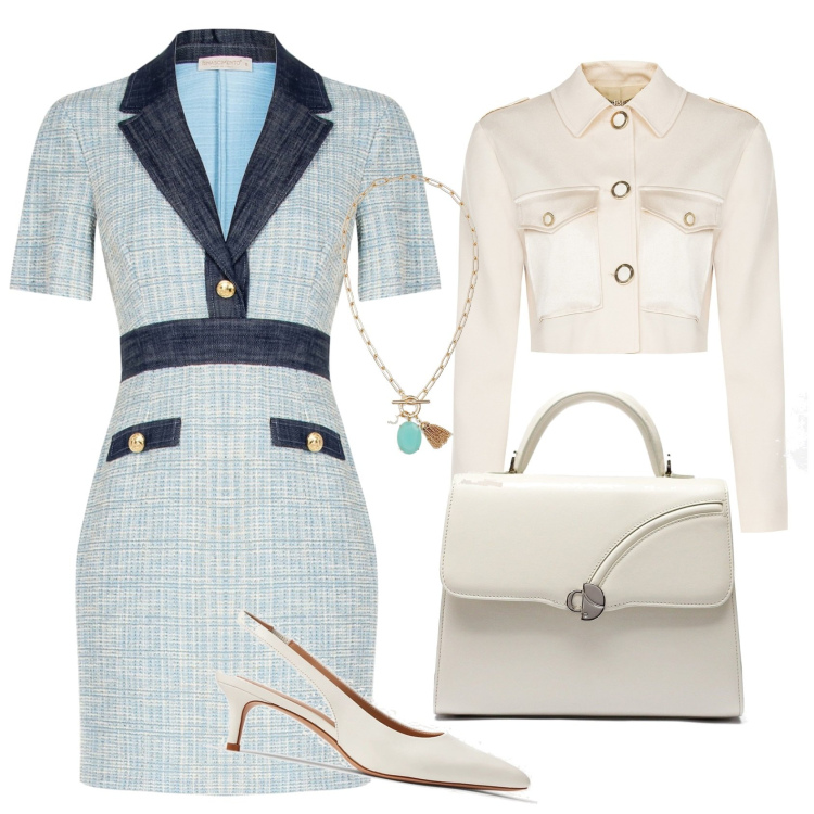 Outfit donna - Riunione importante. Stile Casual chic per Ufficio. Abbinamento con décolleté, collane, vestiti a tubino, blazer, borse a mano.