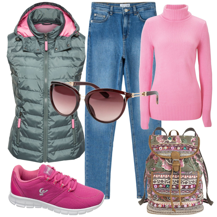 Outfit donna - Comfort. Stile Casual per Tutti i giorni. Abbinamento con gilet, maglieria, occhiali da sole, zaini, jeans skinny, sneakers.