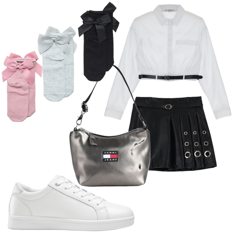 Outfit donna - Total look #1829513. Stile Preppy per Serata fuori. look ideale per Tall. Abbinamento con sneakers, borse a mano, calzini, minigonne, camicie.