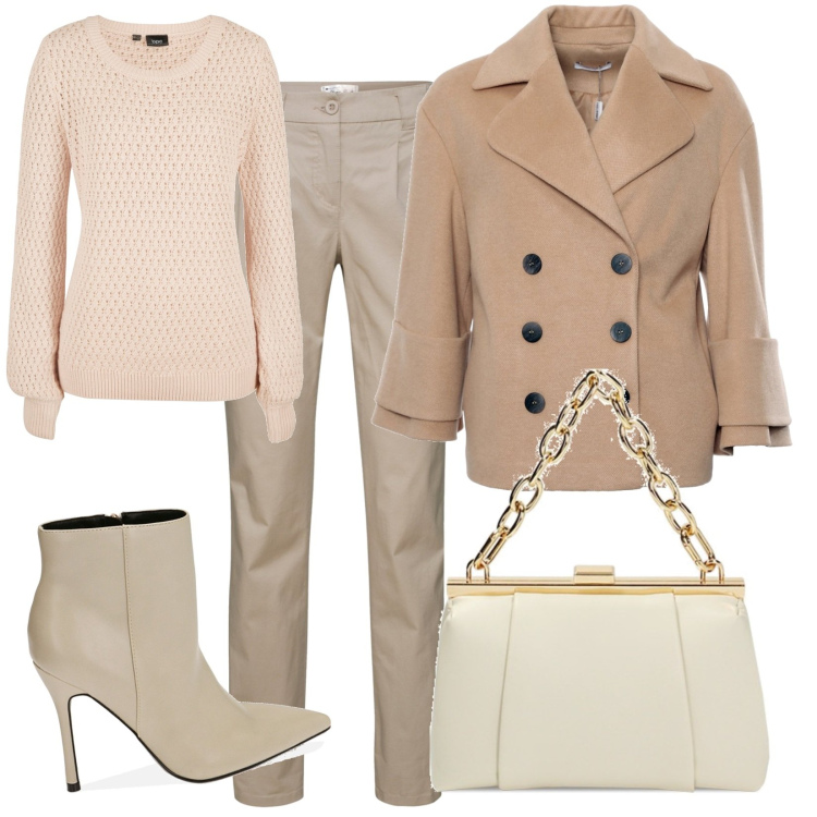 Outfit donna - Monday. Stile Chic per Tutti i giorni. Abbinamento con pantaloni chino, maglieria, cappotti, stivaletti, borse a spalla.