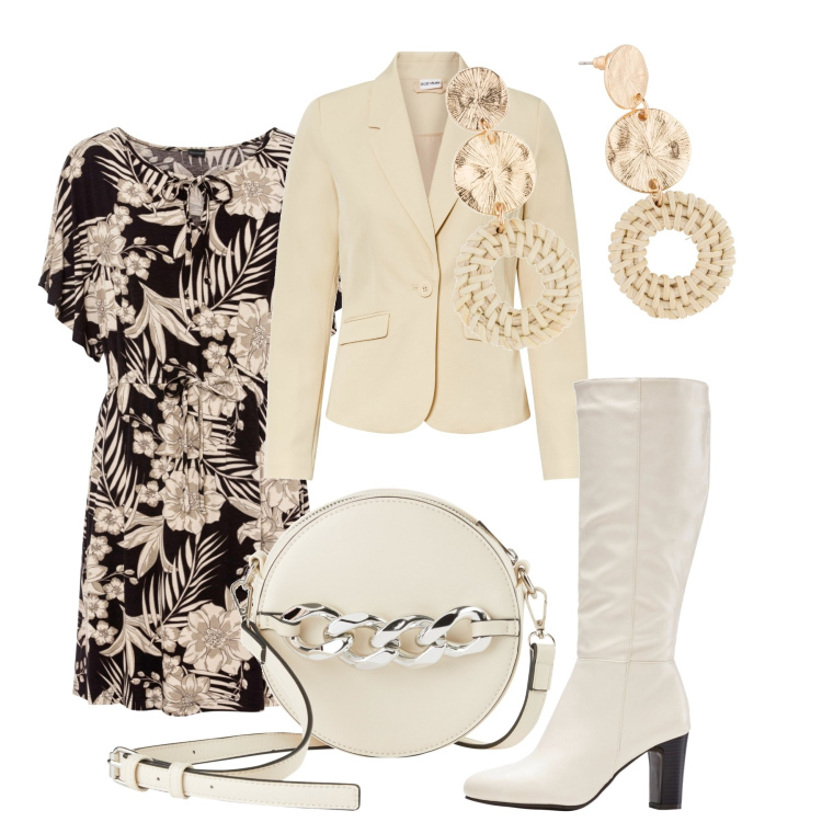 Outfit donna - Total look #1829539. Stile Trendy per Serata fuori. Abbinamento con vestiti, blazer, orecchini, stivali, borse a tracolla.