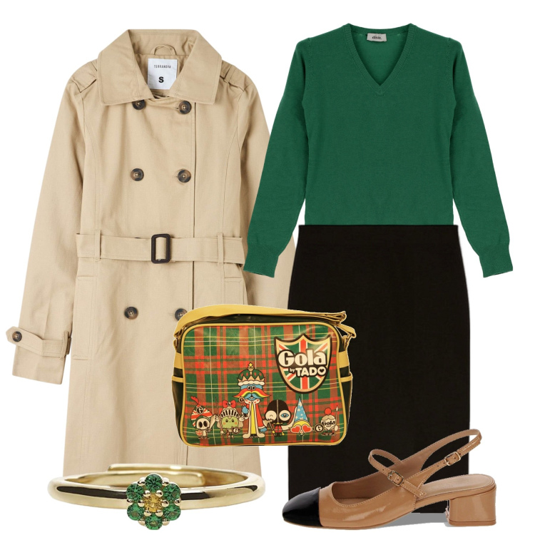 Outfit donna - Smeraldi e tacchi bassi. Stile Bon Ton per Ufficio. Abbinamento con trench, anelli, décolleté, pullovers, gonne, borse a spalla.