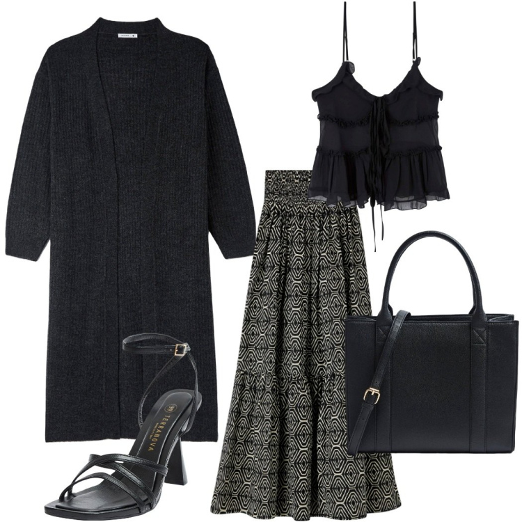 Outfit donna - Nero elegante ma non troppo. Stile Casual chic per Tutti i giorni. Abbinamento con gonne lunghe, cardigans, shopping bag, top, sandali col tacco.