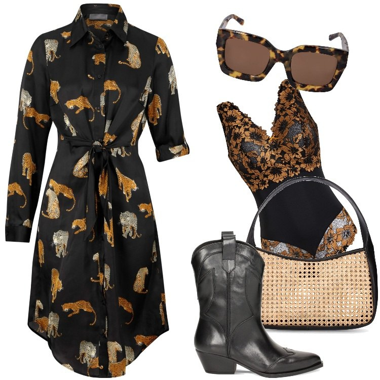 Outfit donna - Speciale Curvy - Marzo. Stile Boho per Tutti i giorni. Abbinamento con body, vestiti chemisier, stivaletti, borse a spalla, occhiali da sole.