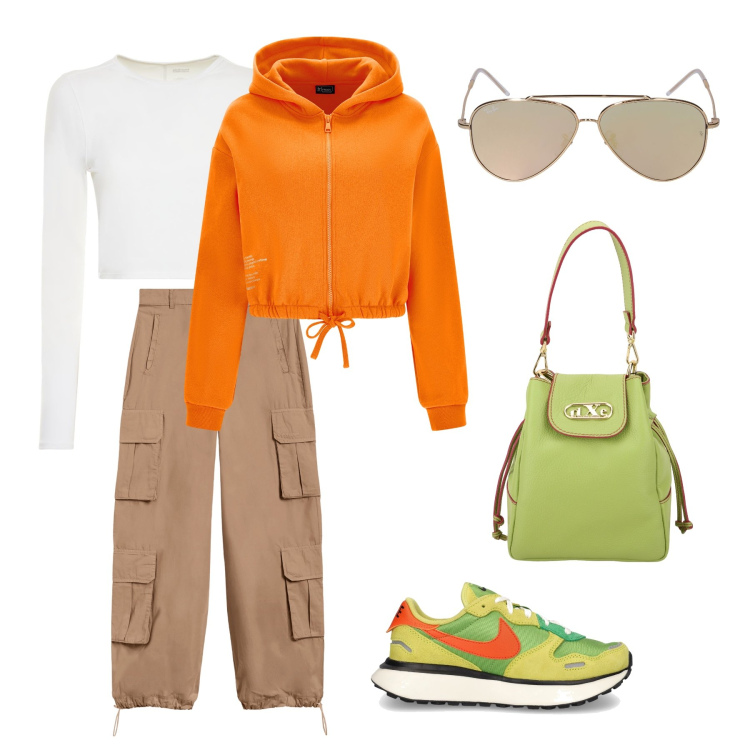 Outfit donna - Sportyva. Stile Urban per Tutti i giorni. Abbinamento con borse a secchiello, pantaloni cargo, felpe con cappuccio, sneakers, occhiali da sole, top.