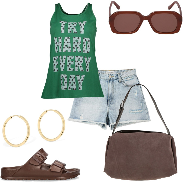 Outfit donna - Pantaloncini jeans e canottiera. Stile Casual per Tutti i giorni. Abbinamento con borse a spalla, shorts, canottiere, orecchini, occhiali da sole, sandali.